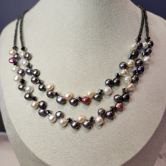 Lia Sophia Double Strand Multi Color Pearl Crystal Bead 15"-18" Necklace - Picture 4 of 5